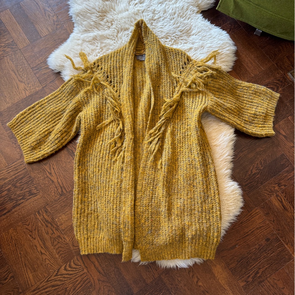 ANTHROPOLOGIE Stevie Fringed Marled Knit Kimono Cardigan Mustard Yellow Gray